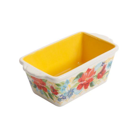 Pioneer Woman Mini Ceramic Loaf Pan Floral Spring Bouquet Yellow Red 5.5in New - Picture 3 of 3